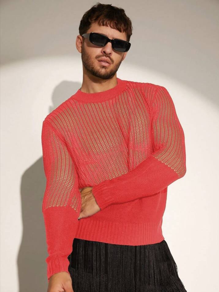 Bonga Boys Autumn Fashionable Sexy Hollow-Out Patchwork Sheer Knit Tshirt